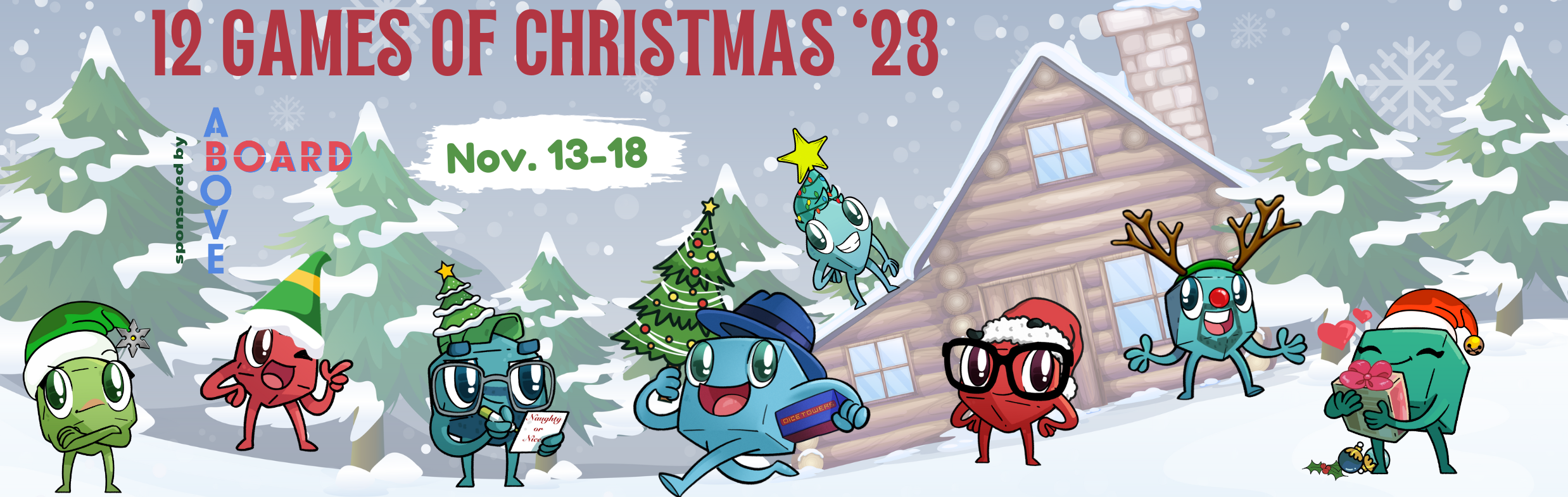12 Games of Christmas 2023 - the Dice Tower's dice people characters scattered on a wintery background