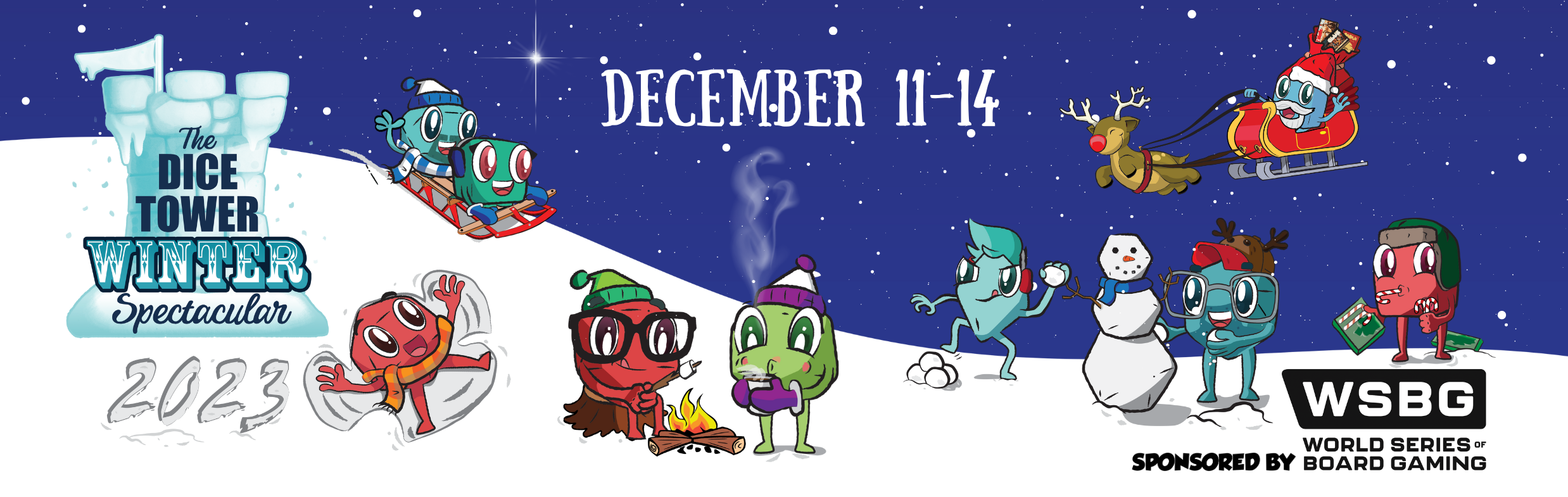 Snowy scene of the Dice Tower's dice people characters doing random winter activities. There is a Dice Tower logo with Winter Spectacular 2023 on it. The Dates Decenber 11-14 are in the night sky next to Tom as Santa in a flying sleigh pulled by a reindeer.