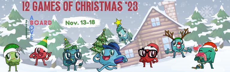 12 Games of Christmas 2023 - the Dice Tower's dice people characters scattered on a wintery background
